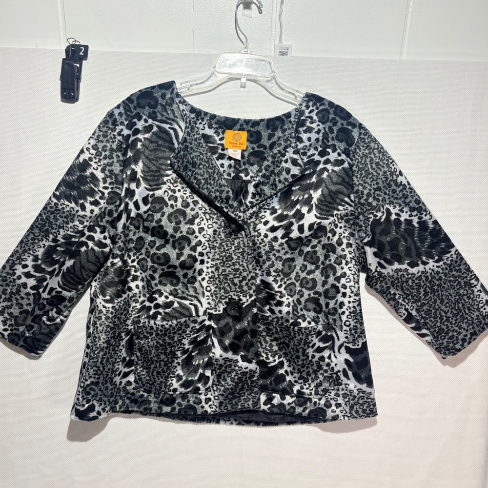 Ruby Rd Woman Grey Leopard Print Faux Fur Jacket Plus Size 16W Cropped Coat